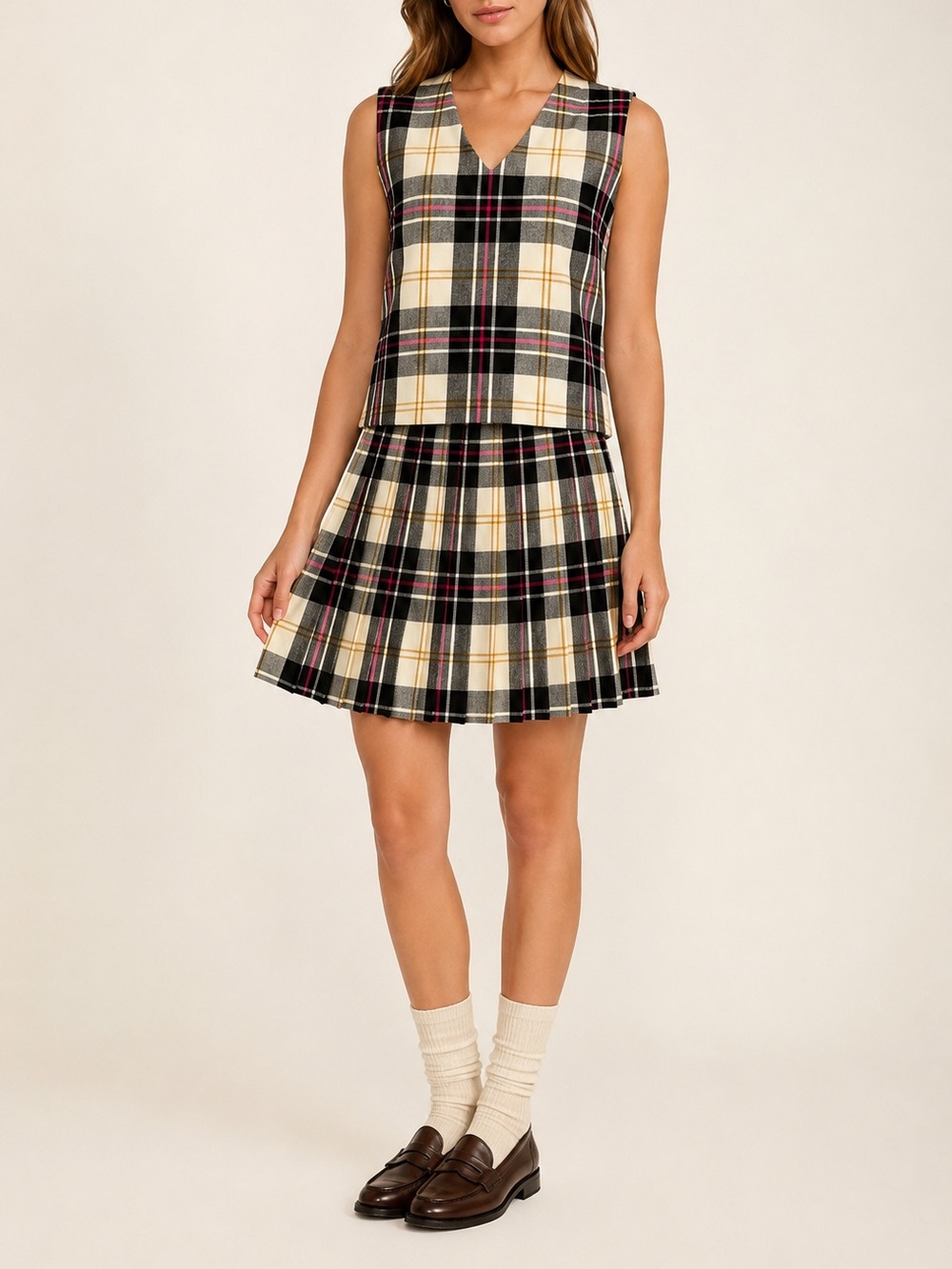 Vintage 70s Florence Walsh Plaid Vest Pleated Skirt Set XS